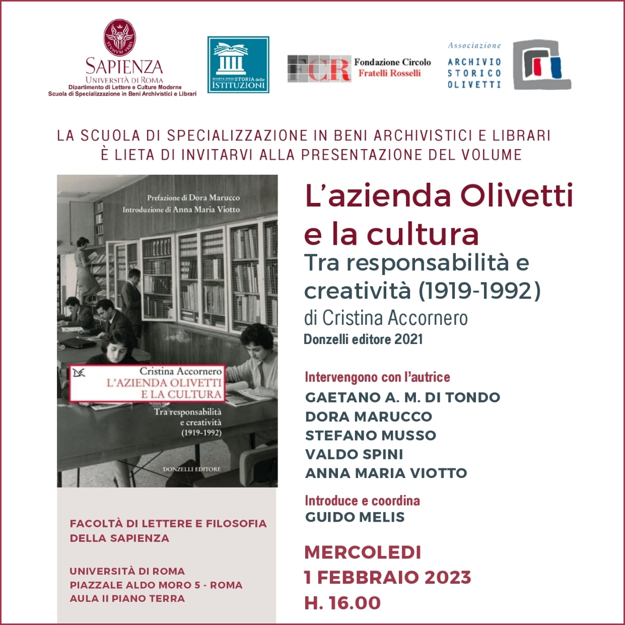 Presentazione del volume “L’azienda Olivetti e la cultura” all’Università di Roma “La Sapienza”